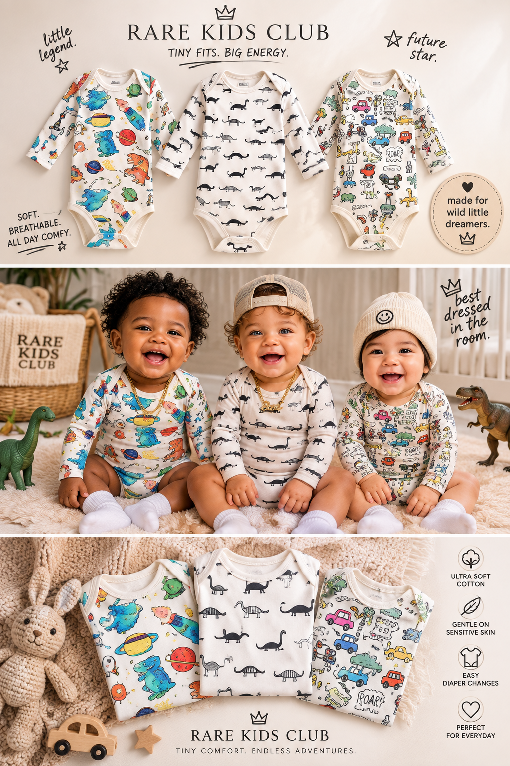 Cosmic Dino Long Sleeve Bodysuit