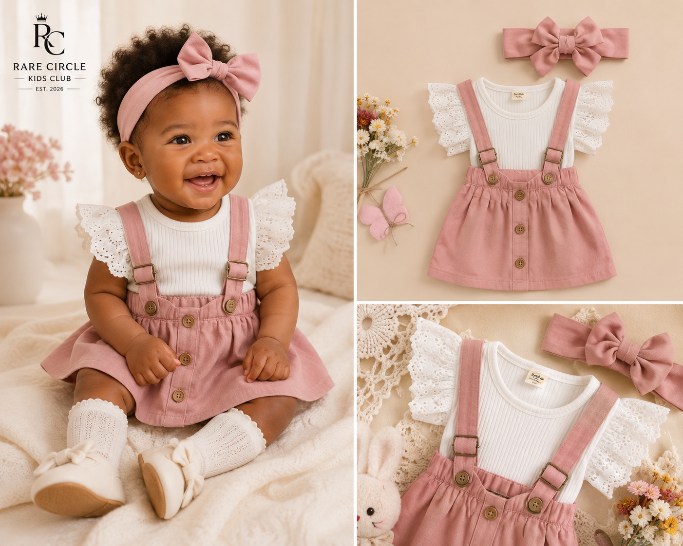 Ruffle Sleeve Bodysuit & Suspender Skirt Set with Headband - Baby Girl
