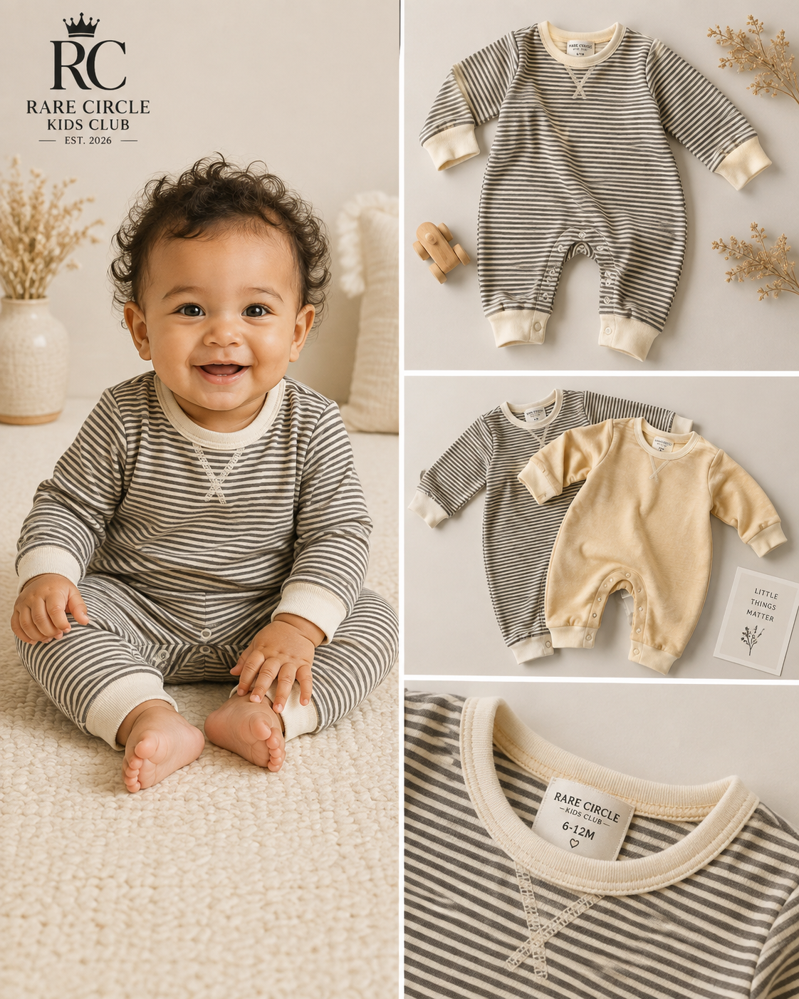 Striped Long Sleeve Baby Romper with Contrast Trim