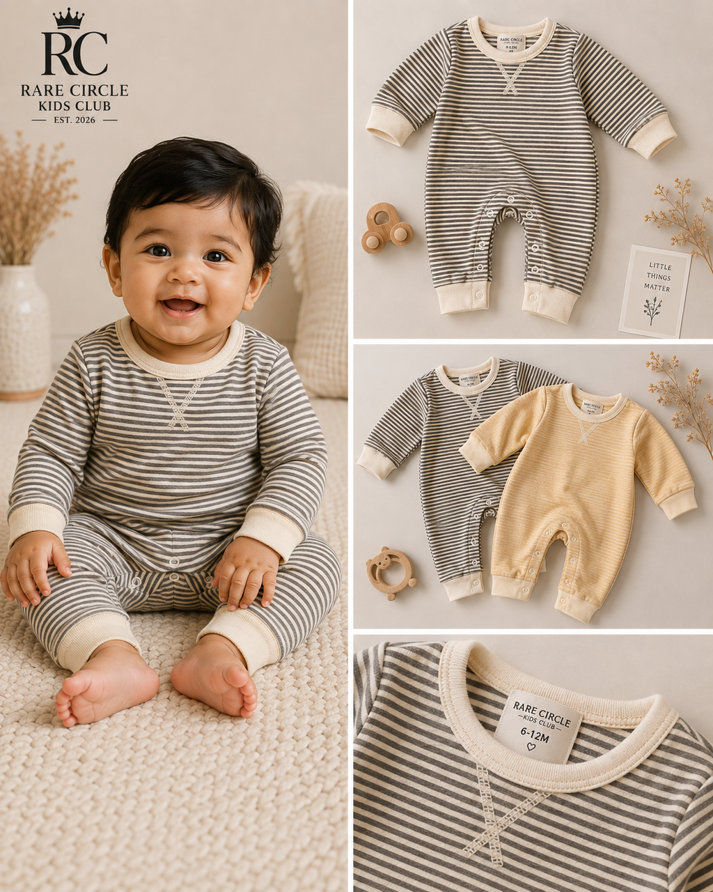 Striped Long Sleeve Baby Romper with Contrast Trim