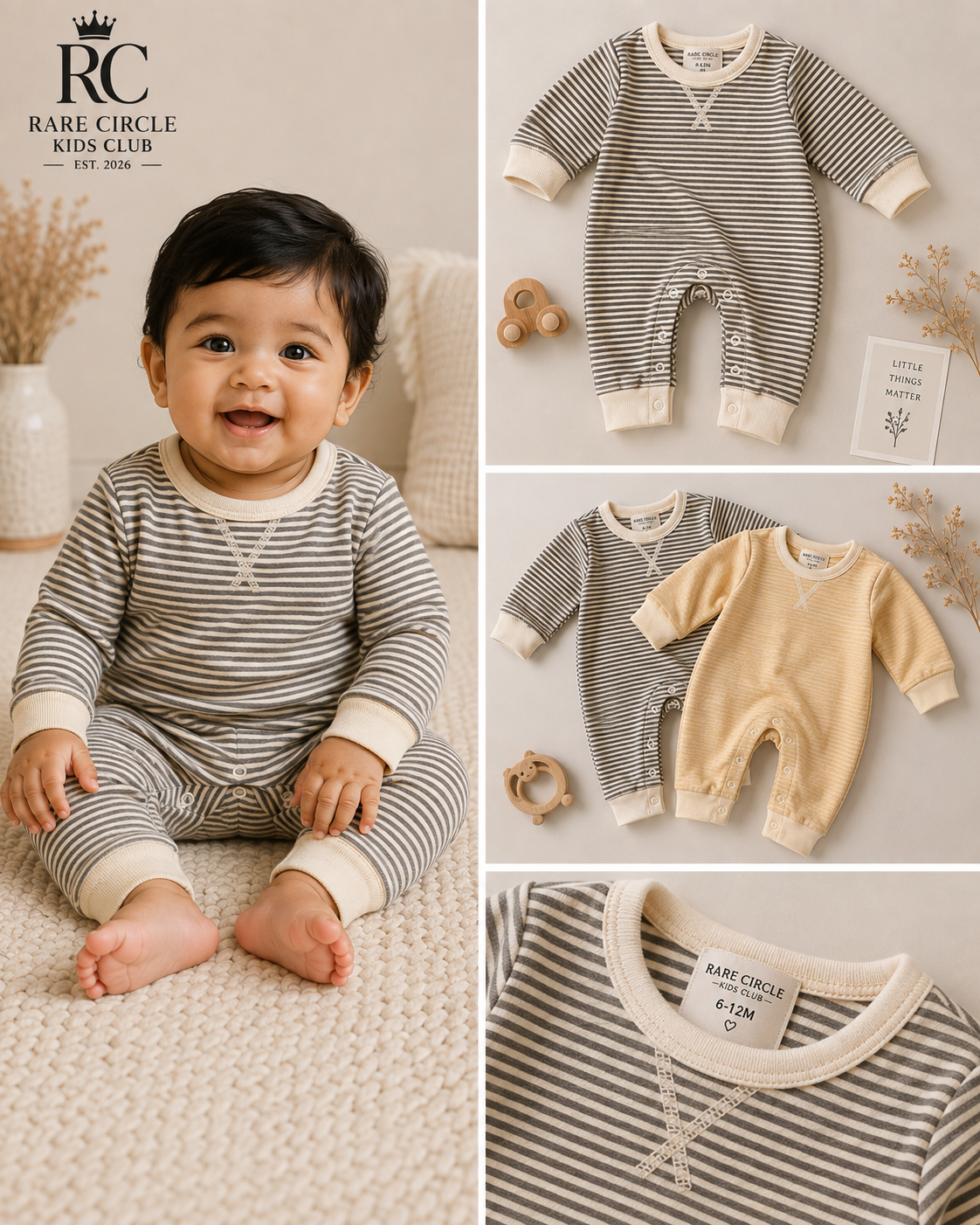 Striped Long Sleeve Baby Romper with Contrast Trim