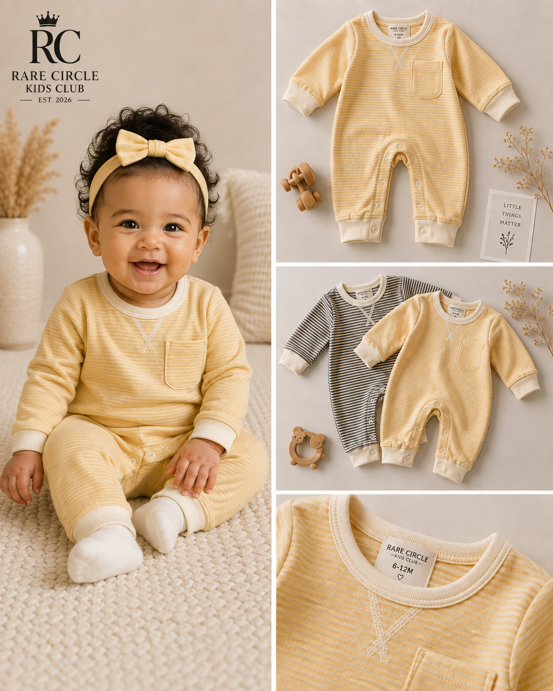 Striped Long Sleeve Baby Romper with Contrast Trim